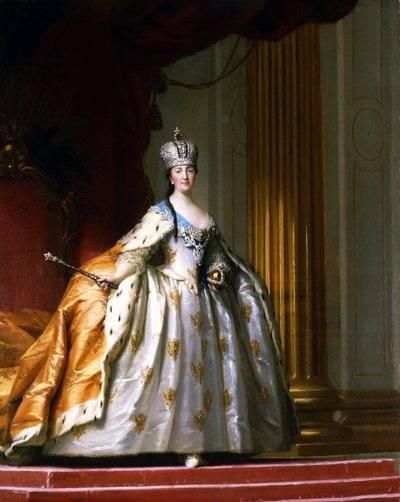 Täyspitkä muotokuva Venäjän keisarinnasta Katariina II Suuresta (1729-1796) "kruunausvaatteessa" Vigillus Erichsenin (Eriksen) (1722-1782) maalaus 1779 David-kokoelma tekijältä Vigilius Erichsen