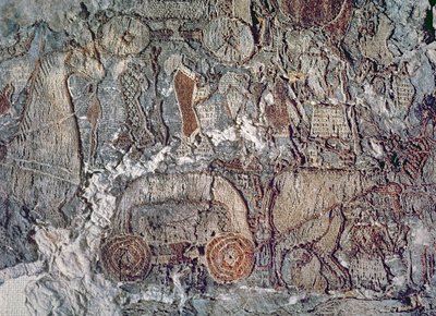 Yksityiskohta eläimestä, joka vetää kärryä, kuvakudos, joka löydettiin Oseberg-laivan mukana (tekstiili) tekijältä Viking