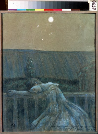 ""Suru"" (Suru) Epätoivoinen nuori tyttö nojaa kaiteeseen. Akvarelli ja pastelli Viktor (Victor) Elpidiforovich Borisov-Musatov (Borisov Musatov) (1870-1905) (symbolismi) 1903 Valtion historian ja taiteen museo Serpukhov (Serpukhov). tekijältä Viktor Elpidiforovich Borisov Musatov