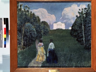 Auringonlaskun pilkahdus. Kaksi naista kävelemässä maaseudulla. Viktor (Victor) maalaus Elpidiforovich Borisov Musatov (Borisov-Musatov) (1870-1905). tempera kankaalle tekijältä Viktor Elpidiforovich Borisov Musatov