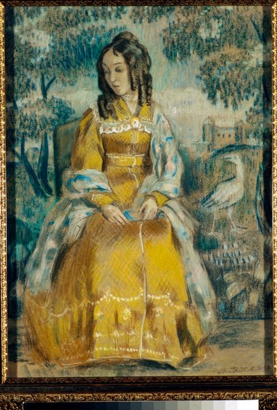 Muotokuva Nadezhda Stanyukovichista kuvakudoksen edessä, mietteliäs, yllään krinoliinimekko - Piirustus Viktor (Victor) Elpidiforovich Borisov-Musatov (Borisov Musatov) (1870-1905) tekijältä Viktor Elpidiforovich Borisov Musatov