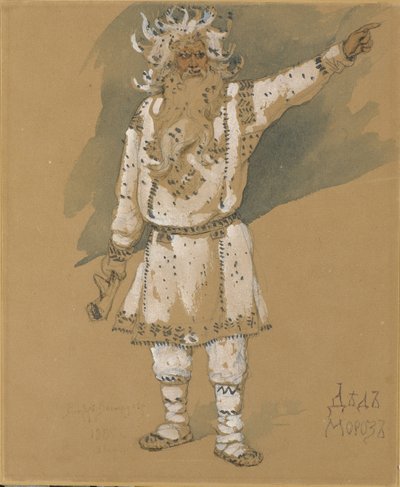 Isoisä Frost. Pukusuunnittelu N. Rimski-Korsakovin oopperaan Snow Maiden, 1885 tekijältä Viktor Mikhaylovich Vasnetsov
