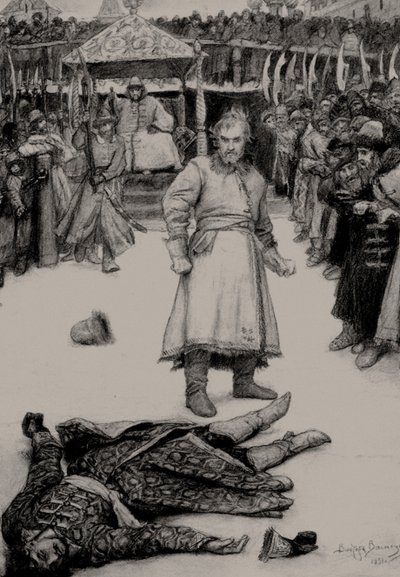 Kuvitus M. Lermontovin runoon Kauppias Kalashnikovin laulu, 1891. tekijältä Viktor Mikhaylovich Vasnetsov