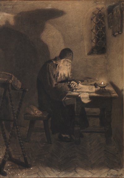 Pimen. Kuvitus A. Pushkinin Boris Godunov-draamaan tekijältä Viktor Mikhaylovich Vasnetsov