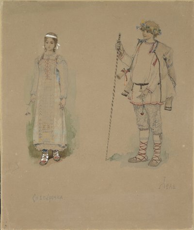 Snow Maiden ja Lel. Pukusuunnittelu N. Rimski-Korsakovin oopperaan Snow Maiden, 1885 tekijältä Viktor Mikhaylovich Vasnetsov