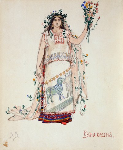 Kevään kaunotar. Pukusuunnittelu N. Rimski-Korsakovin oopperaan Snow Maiden, 1885 tekijältä Viktor Mikhaylovich Vasnetsov
