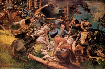 Unkarin husaarit ja venäläiset kasakat taistelivat Karpaattien vuoristossa vuonna 1915 tekijältä Viktor Tardos