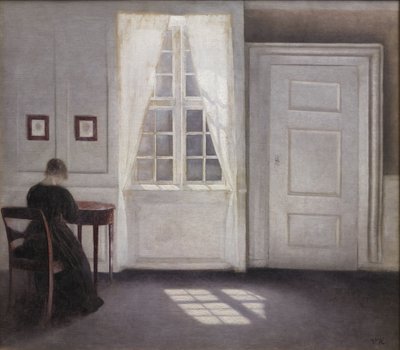 Olohuone Strandgadessa auringonpaisteessa lattialla tekijältä Vilhelm Hammershøi
