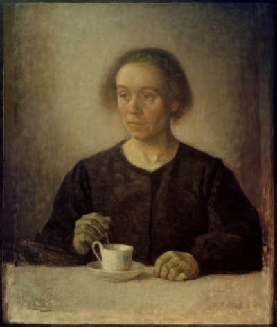 Taiteilijan vaimo teekupin kanssa tekijältä Vilhelm Hammershoi
