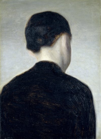 Istuva hahmo, takaa katsottuna (Anna Hammershoi) 1884 (öljy kankaalle asetettuna alukselle) tekijältä Vilhelm Hammershoi