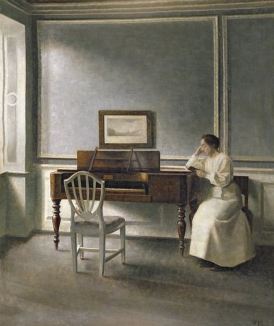 Nainen lukee pianolla, 1907 tekijältä Vilhelm Hammershoi