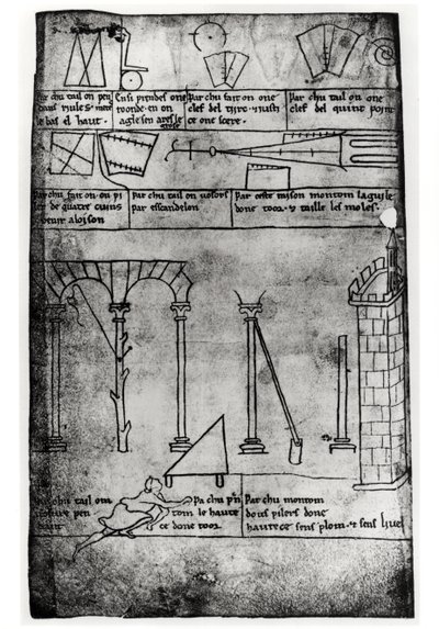 Ms.Fr.19093 fol.20v Geometriset hahmot rakenteelle, kaarille ja miehelle, joka mittaa tornin korkeutta (faksikopio) tekijältä Villard de Honnecourt