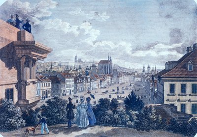 Hevostori Venceslauksen aukiolla, Praha, 1835 (värillinen teräskaiverrus) tekijältä Vincenc and Geissler, F. Morstadt