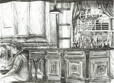 Kahvila Royal Exchangessa, Manchester, 2011, (mustetta paperille) tekijältä Vincent Alexander Booth