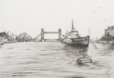 HMS Belfast Thames-joella Lontoossa, 2006, (Tussi paperille) tekijältä Vincent Alexander Booth