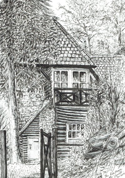 Hirsitalo, 2019, (muste paperille) tekijältä Vincent Alexander Booth