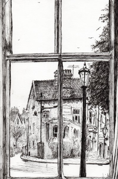 Näkymä Old Hall Hotel Buxtonista, 2009, (muste paperille) tekijältä Vincent Alexander Booth