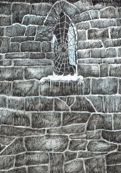 sivu 11, Linna Findhornin metsässä, 2006, (muste paperille) tekijältä Vincent Alexander Booth