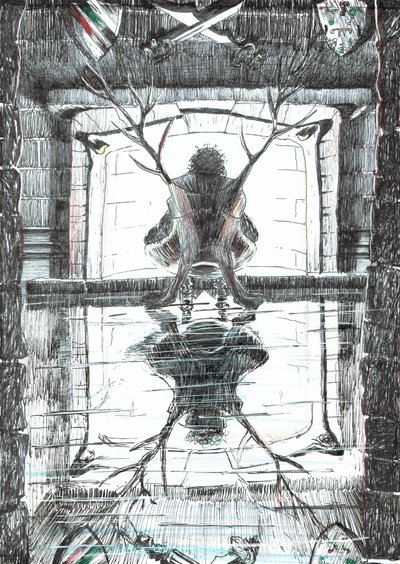 sivu 15, Linna Findhornin metsässä, 2006, (muste paperille) tekijältä Vincent Alexander Booth