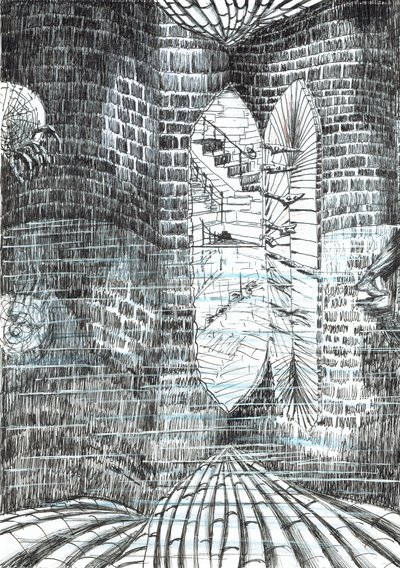 sivu 23, Linna Findhornin metsässä, 2006, (muste paperille) tekijältä Vincent Alexander Booth