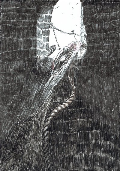 sivu 33, Linna Findhornin metsässä, 2006, (muste paperille) tekijältä Vincent Alexander Booth