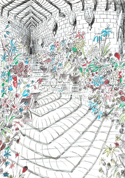sivu 37, Linna Findhornin metsässä, 2006, (muste paperille) tekijältä Vincent Alexander Booth