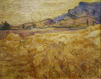 Vehnäpelto niittokoneella ja aurinkolla, 1889. tekijältä Vincent van Gogh