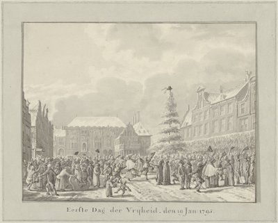 Vallankumous Haarlemissa 19. tammikuuta 1795 Ensimmäinen vapauspäivä, 19.1. 1791 (otsikko esineessä) tekijältä Vincent Jansz. van der Vinne