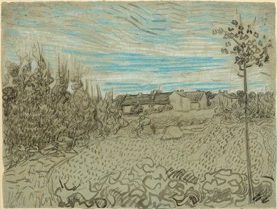 Mökit, joissa nainen työskentelee keskellä maata tekijältä Vincent van Gogh