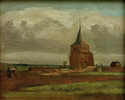Der alte Friedhofsturm in Nuenen mit pflügendem Bauer tekijältä Vincent van Gogh