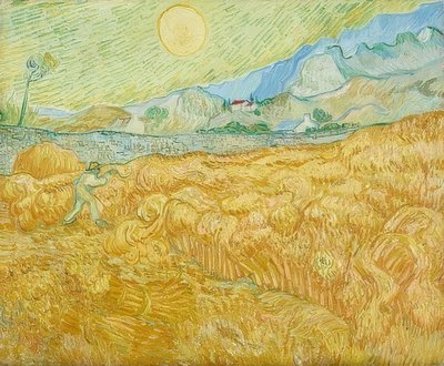 Sadonkorjuu, viljapelto ja niittokoneet (La moisson). 1889 tekijältä Vincent van Gogh