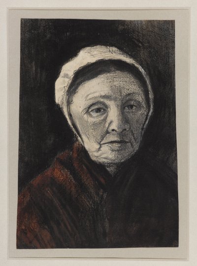 Vanhan naisen pää Scheveningerin lippalakki päässä, 1882-83 (hiili, musta ja ruskea liitu paperille) tekijältä Vincent van Gogh