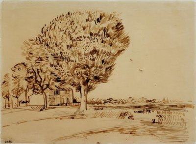 Maisema, jossa on talo ja puita tekijältä Vincent van Gogh