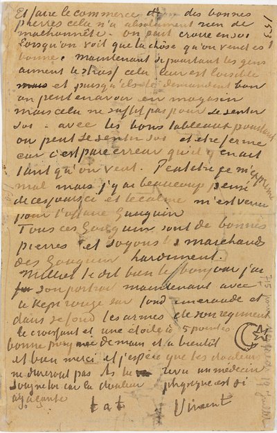 Sivu Vincentin kirjeestä veljelleen Theolle, joka teloitettiin Arlesissa vuonna 1888 tekijältä Vincent van Gogh