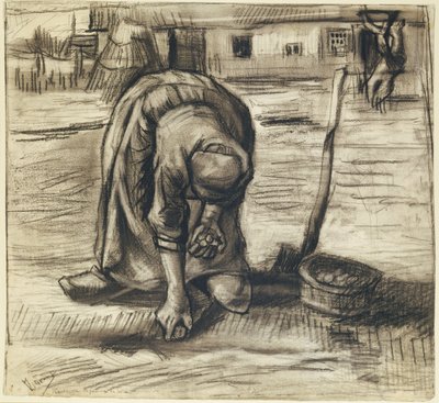 Talonpoikanainen istuttaa perunoita, n. 1885 (musta liitu ja puuhiili paperilla) tekijältä Vincent van Gogh