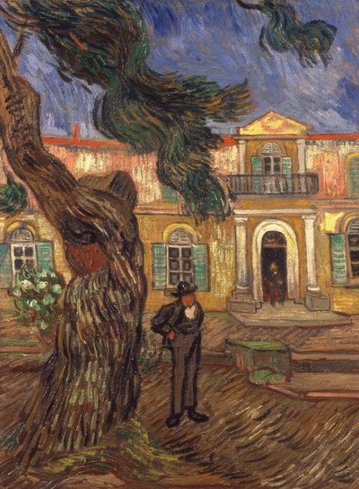 Pinie und Figur vor dem Hospital Saint-Paul tekijältä Vincent van Gogh