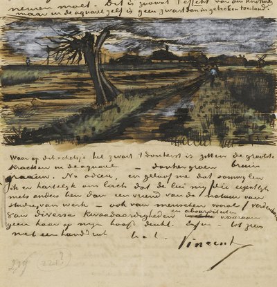 Pollard Willown (saule tetard). Kirje Theo van Goghille par Goghille, Vincent, van (1853-1890). Akvarelli, guassi paperille tekijältä Vincent van Gogh