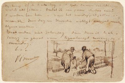 Postikortti, jossa kaksi talonpoikaa kaivaa tekijältä Vincent van Gogh