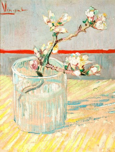 Kukkivan mantelinkukan oksa lasissa, 1888. tekijältä Vincent van Gogh