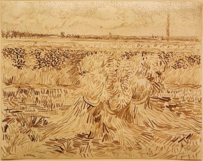 Vehnäpellolla viljanippuja tekijältä Vincent van Gogh