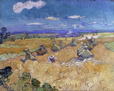 Vehnäpelto, jossa on karoja ja niittokone tekijältä Vincent van Gogh