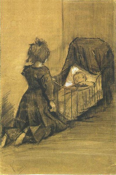 Tyttö polvistuu kehdon ääressä F 1024 JH 336 tekijältä Vincent van Gogh