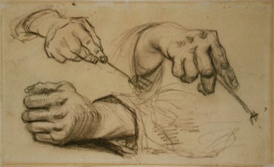 Tutkimus, kolme kättä, kaksi haarukkaa kädessä F 1161r JH 746 tekijältä Vincent van Gogh
