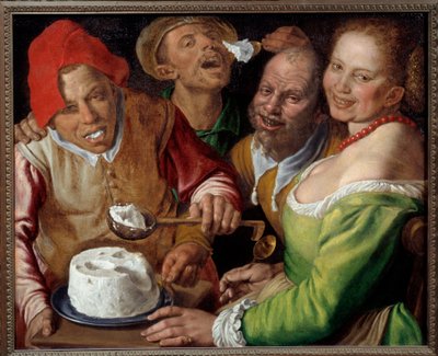 Ricotta Eaters Hahmot ilmeikkäillä ja groteskeilla kasvoilla syömässä juustoa kauhalla. Vincenzo Campin (1536-1591) maalaus tekijältä Vincenzo Campi