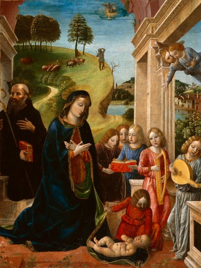 Lapsen palvonta Pyhän Benedictuksen ja enkelien kanssa, n. 1478 (tempera kankaalle) tekijältä Vincenzo Foppa