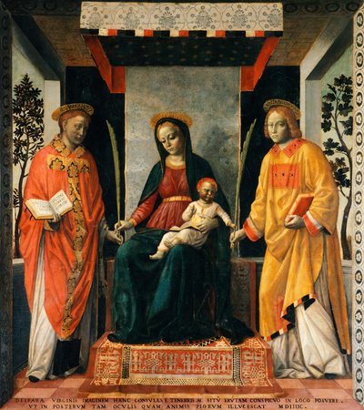 Madonna ja lapsi Pyhän Faustinuksen ja Pyhän Jovitan välillä, Vincenzo Foppa (n. 1427-n. 1515), Tempera kankaalle, 205x226 cm tekijältä Vincenzo Foppa