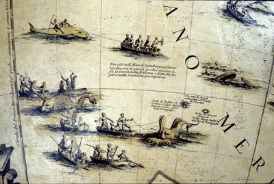 Valaanpyynti Tyynellämerellä. Yksityiskohta 1600-luvun Coronellin maapallosta. tekijältä Vincenzo Maria Coronelli