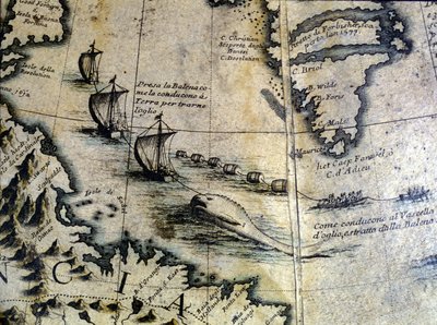 Valaanpyynti: Valas tuodaan maihin öljyn poistamiseksi. Coronellin maapallolta. 17. vuosisata. tekijältä Vincenzo Maria Coronelli
