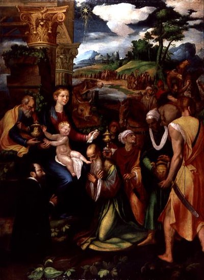 Maagien palvonta luovuttajan kanssa (öljy ja tempera paneelissa) tekijältä Vincenzo da (d.1557) Pavia