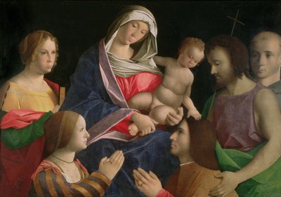 Madonna ja lapsi Pyhän Johannes Kastajan, kahden pyhän ja lahjoittajan kanssa tekijältä Vincenzo di Biagio (follower of) Catena